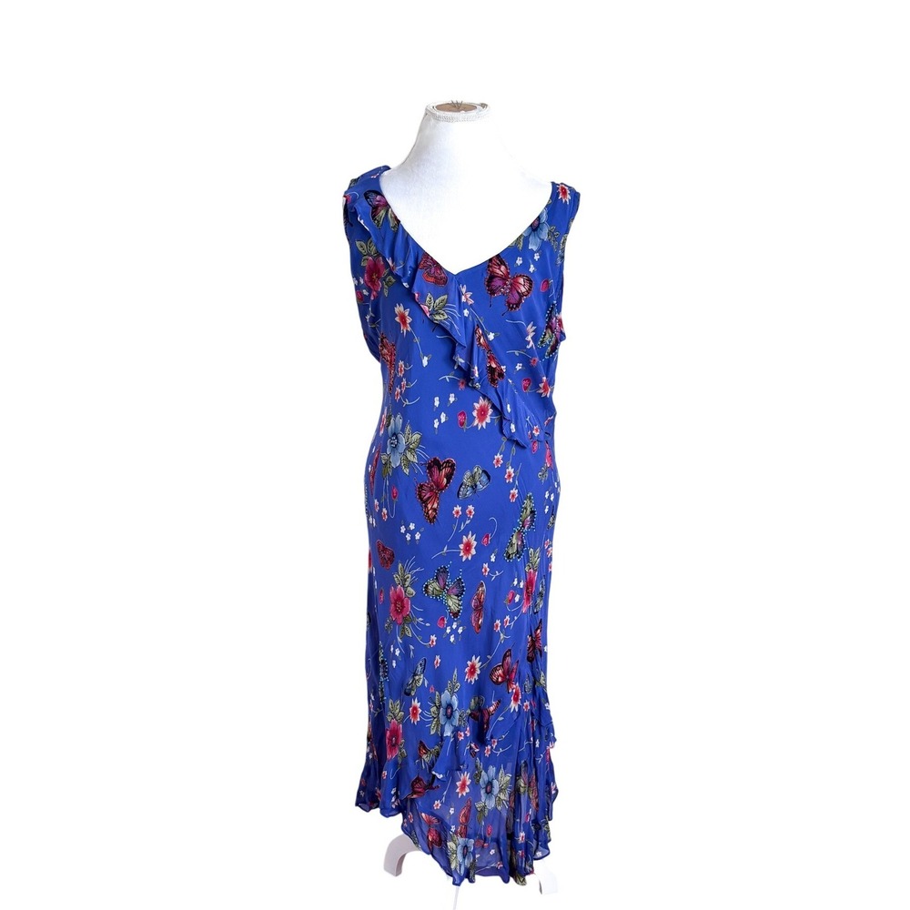 Lola P Vintage Y2K Floral Butterfly Beaded Ruffle Midi Dress XL Blue Fairy